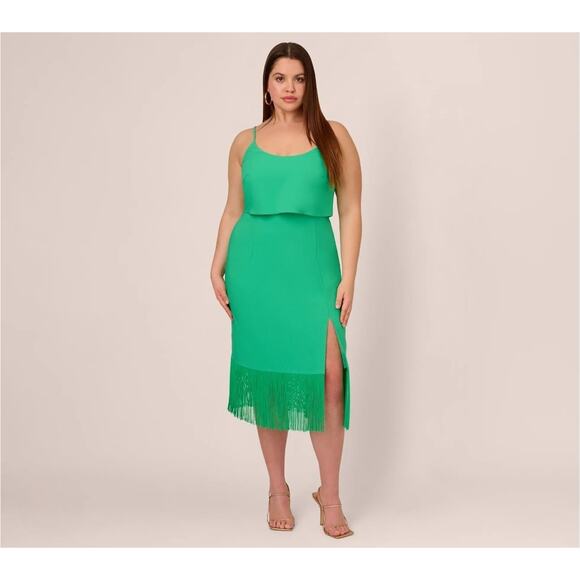 Adrianna Papell Size 4 Dress Stretch Crepe Midi Fringe Hem Sleeveless Party NWT - Picture 1 of 14